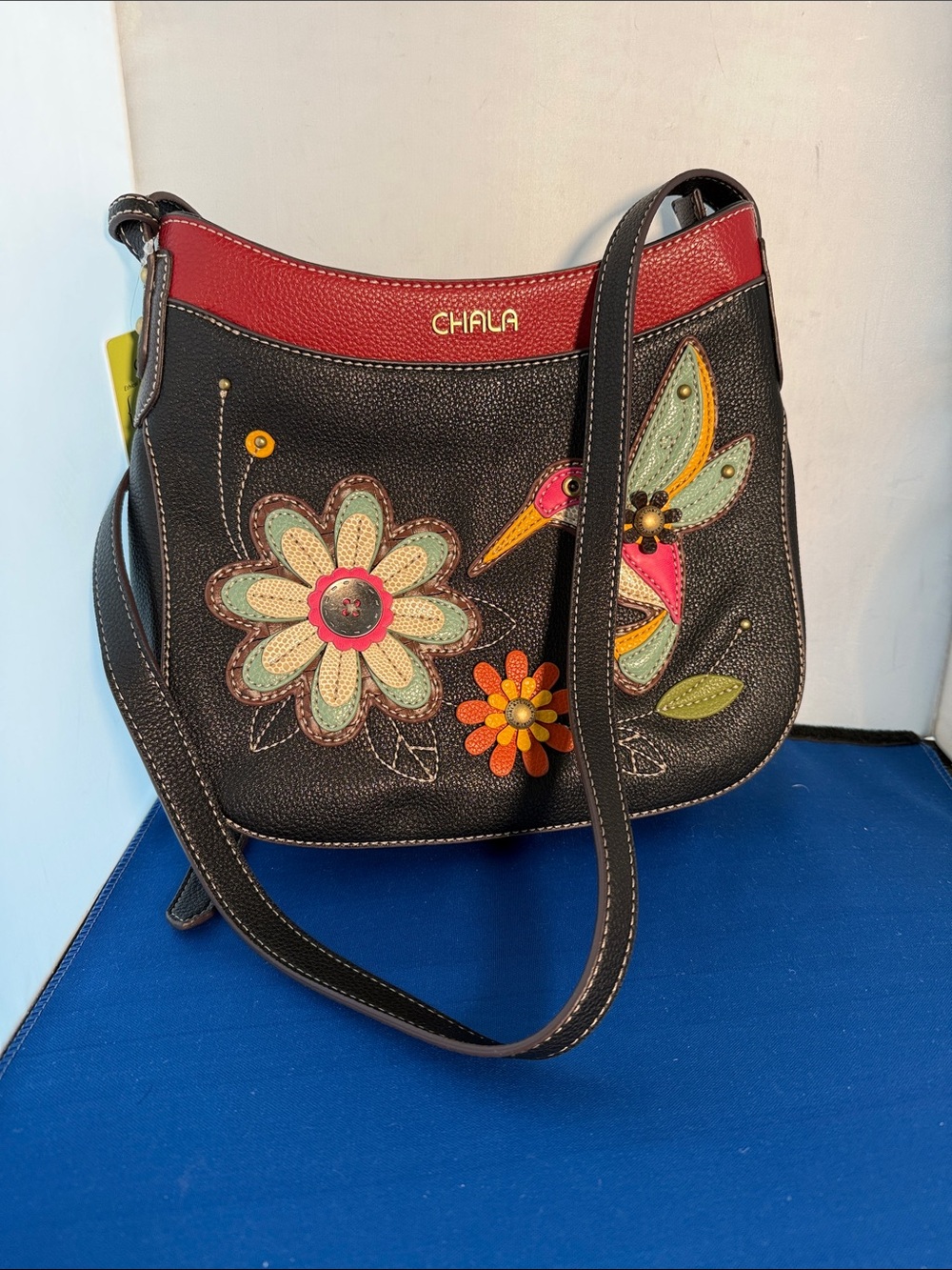 Chala Black Crossbody Bag with Floral and bird Appliqué new with tag